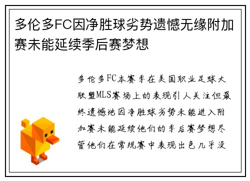 多伦多FC因净胜球劣势遗憾无缘附加赛未能延续季后赛梦想