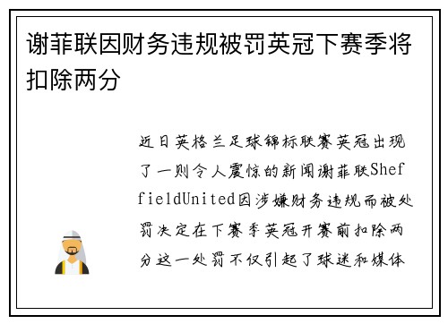 谢菲联因财务违规被罚英冠下赛季将扣除两分